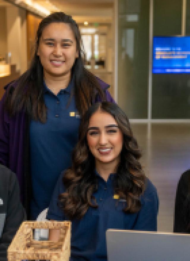 Simrun Bhandal,Yash Asthana, Dekyi Lkamo, and Varsha Velamanchi in Gallagher Hall lobby