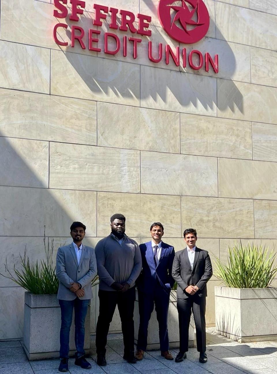 Tushar Yadav and his teammates (left to right) Rishabh Shukla, Jeremy T Ampofo and Rohan Saxena outside SF Fire Credit Union,