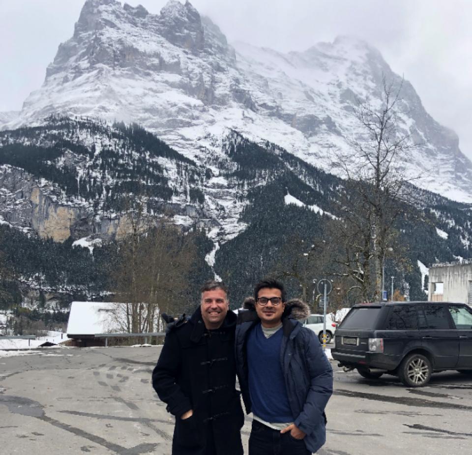 Daniel Student and Ayushman Mathur in front of a mountain near Sachseln in the Swiss Alps.