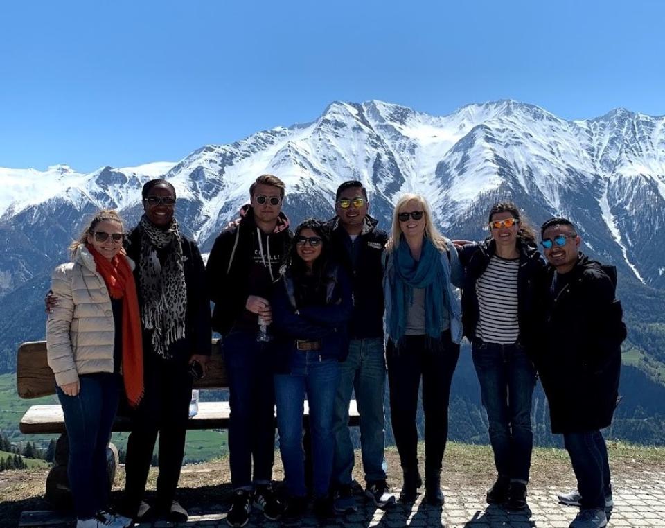 The two international teams trekked up the mountain together and posed for a photo at the Riederalp lookout point