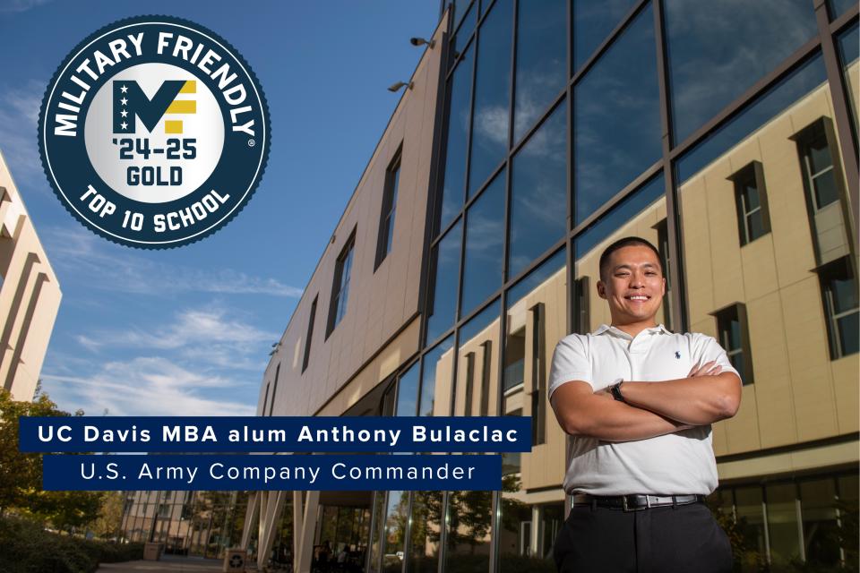 Anthony Bulaciac with arms crossed with graphic of Military Friendly badge